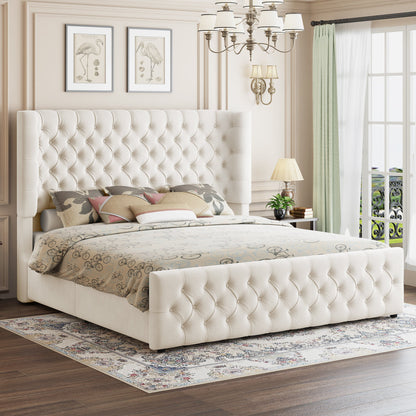 Plush Curved Wingback Bed Frame  - King Bed Beige