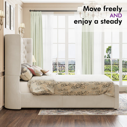 Plush Curved Wingback Bed Frame  - King Bed Beige