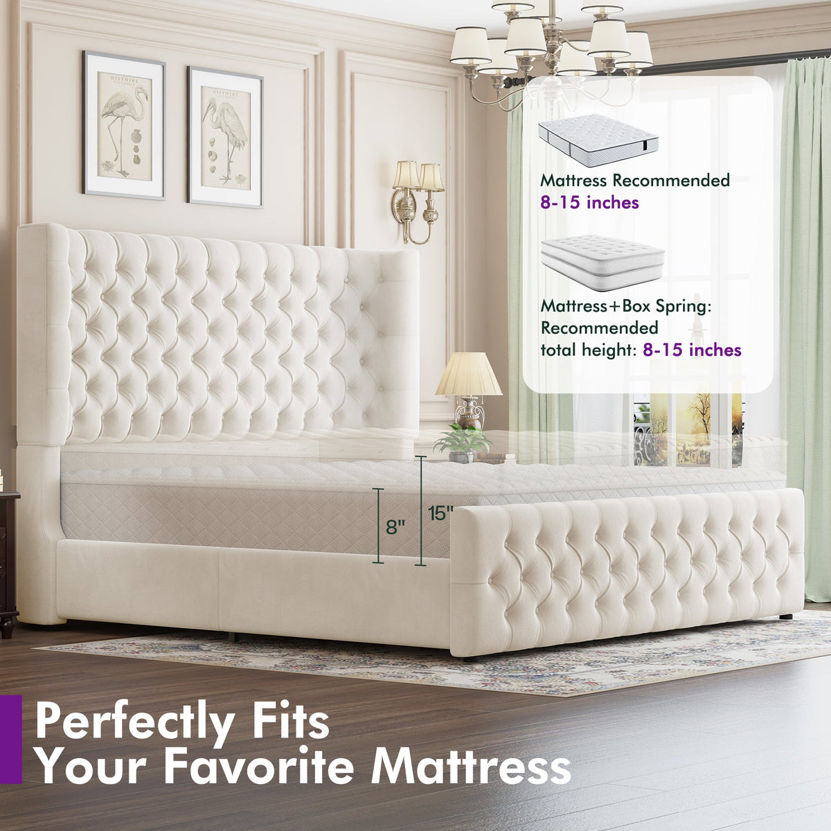 Plush Curved Wingback Bed Frame  - King Bed Beige