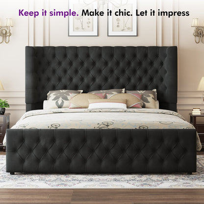 Plush Curved Wingback Bed Frame  - King Bed Black