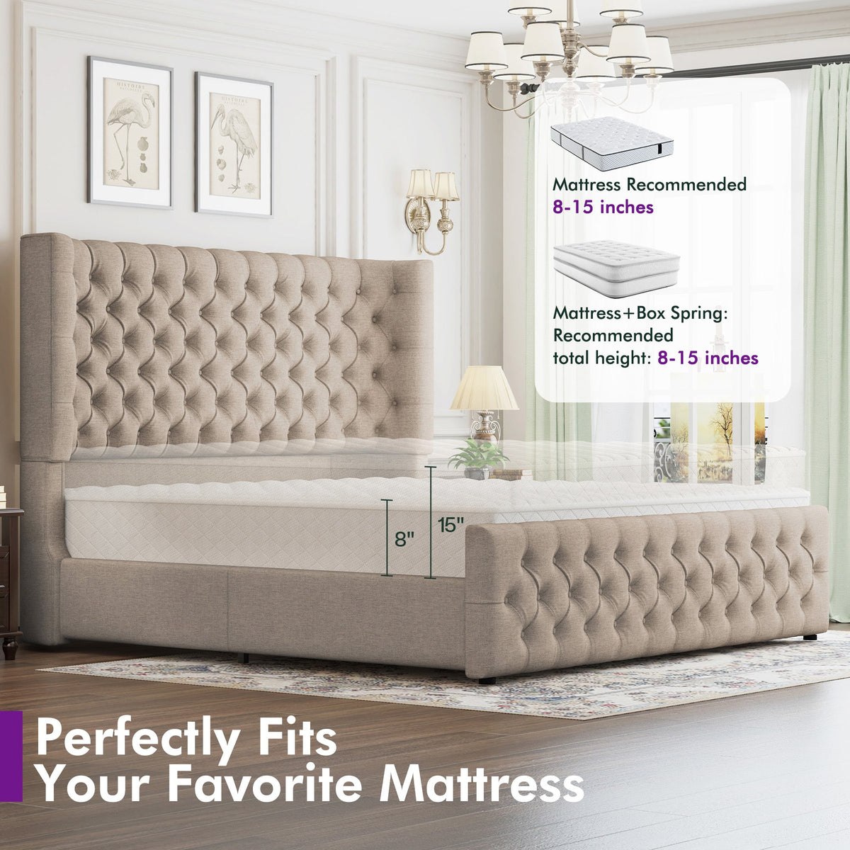 Plush Curved Wingback Bed Frame  - King Bed Khaki