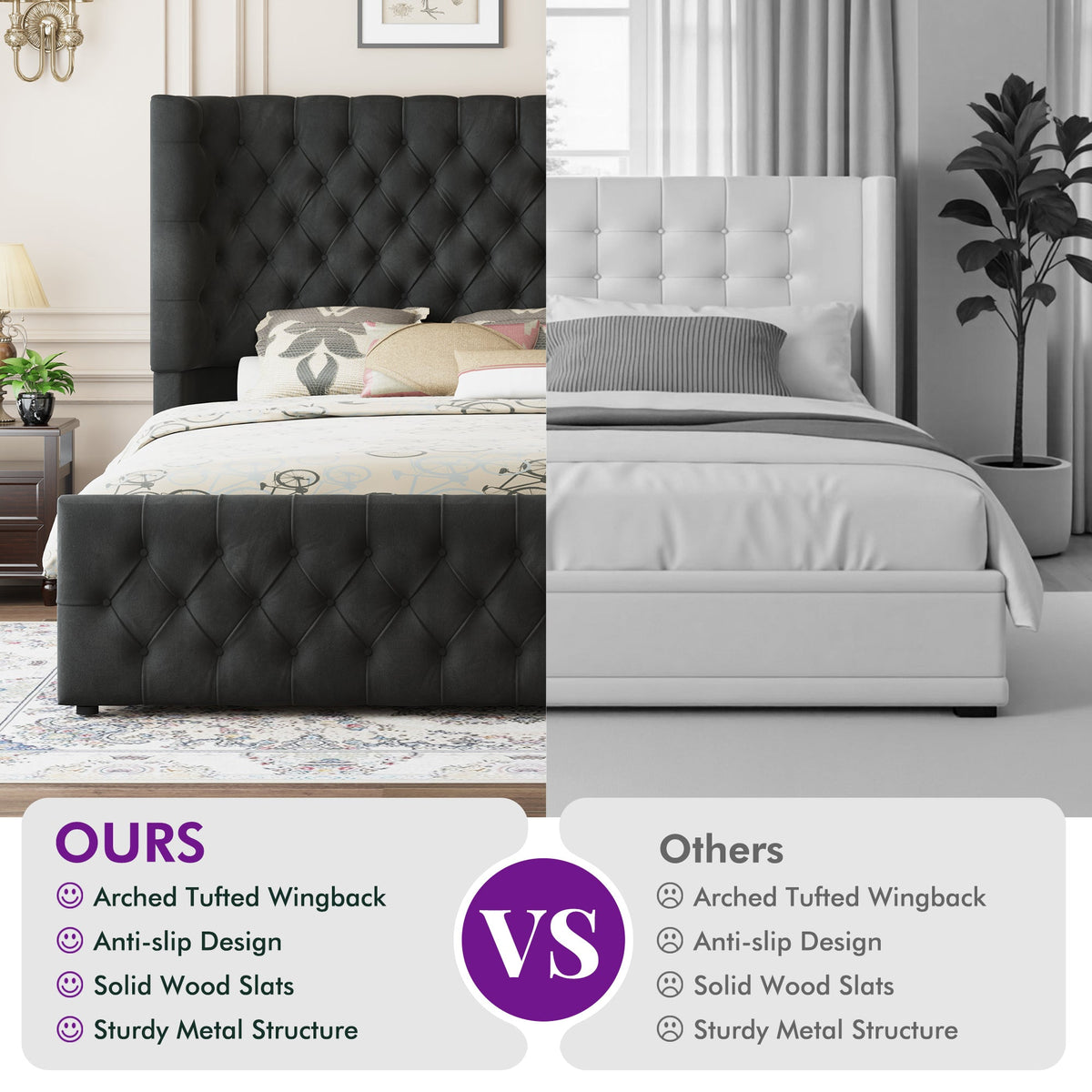 Plush Curved Wingback Bed Frame - Queen Bed Black