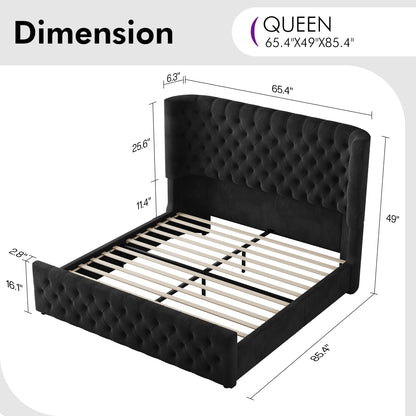Plush Curved Wingback Bed Frame - Queen Bed Black