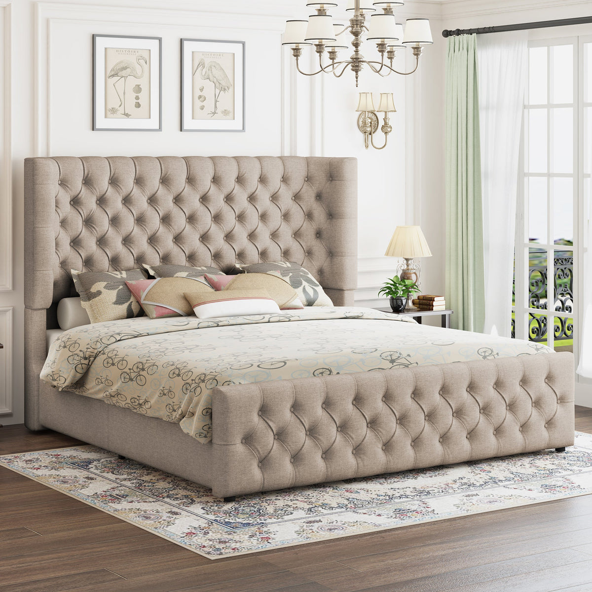 Plush Curved Wingback Bed Frame - Queen Bed Khaki