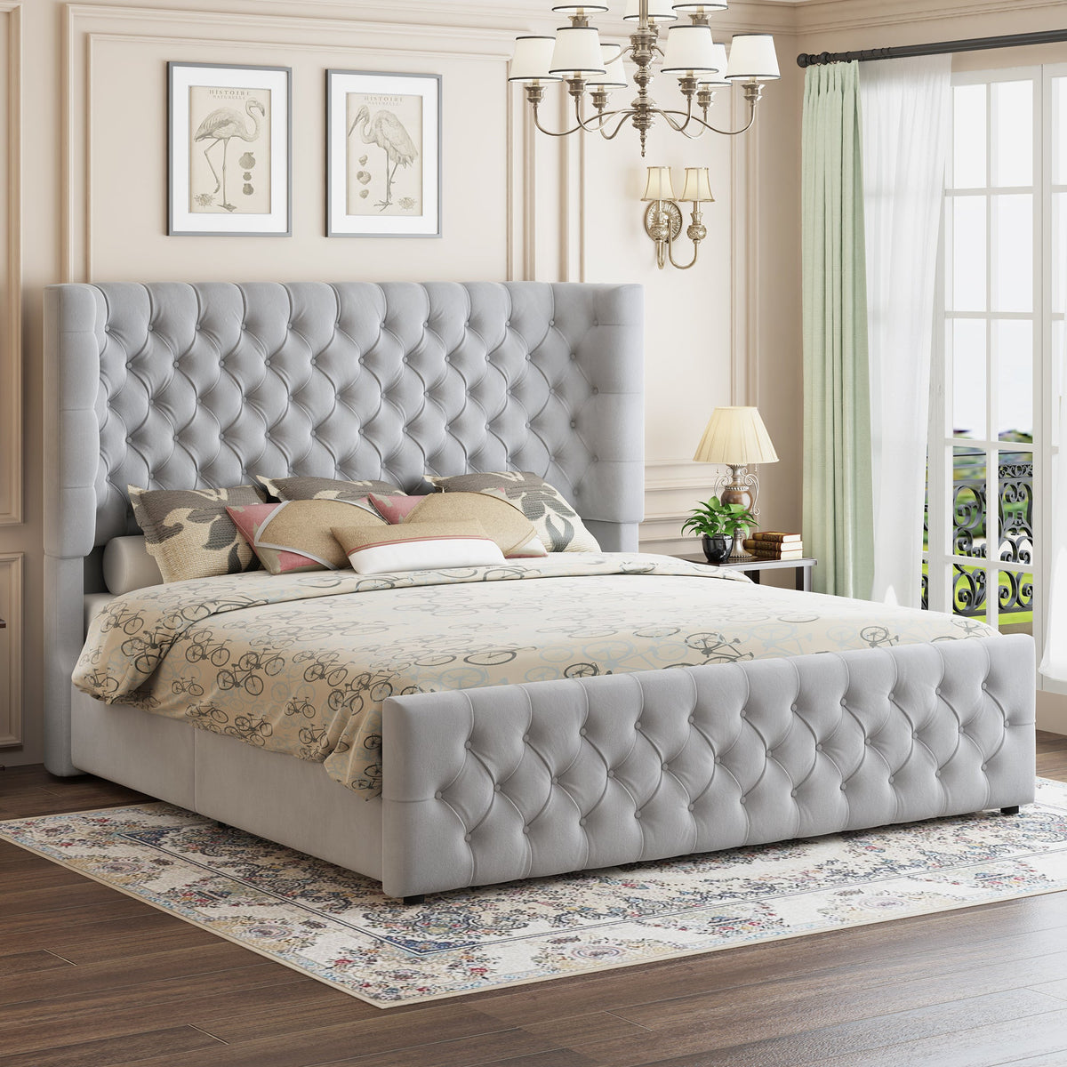 Plush Curved Wingback Bed Frame - Queen Bed Light Gray