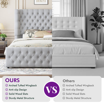 Plush Curved Wingback Bed Frame- Queen Bed Light Gray