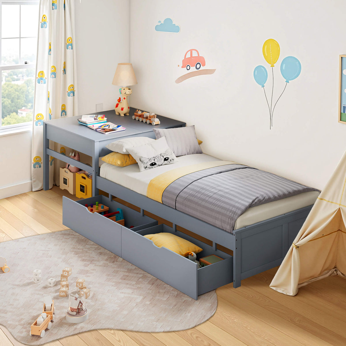Winglam L-Shaped Twin Trundle Bed Frame -Grey