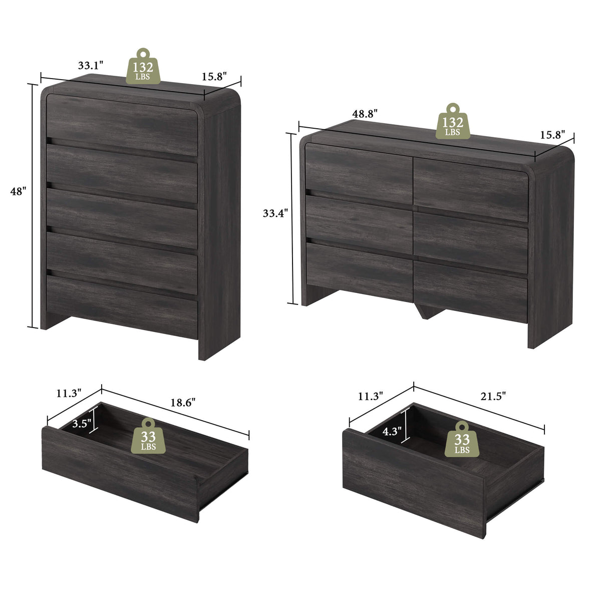 Garyon Modern Bedroom Furniture Set -5+6+2Black