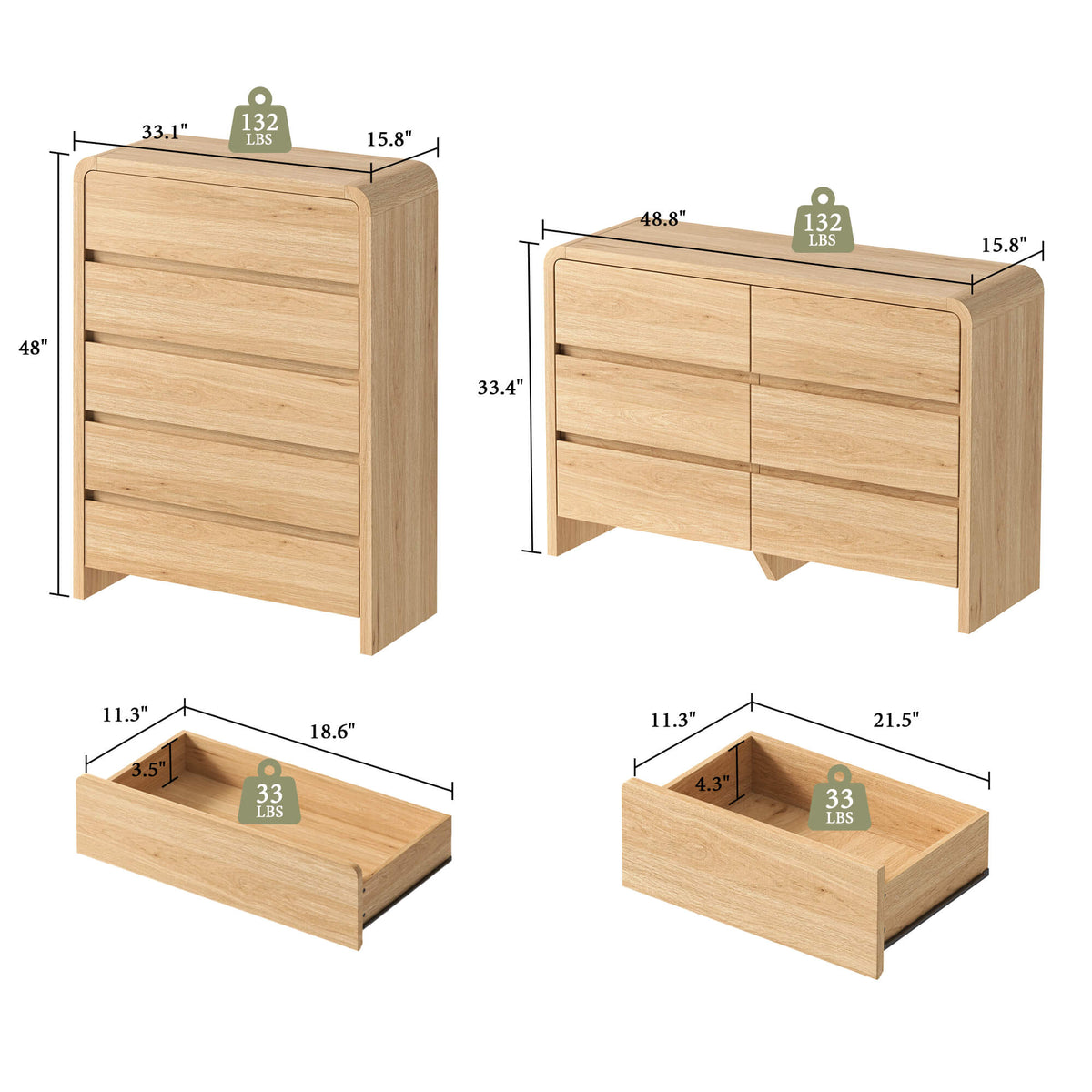 Garyon Modern Bedroom Furniture Set -5+6+2LightOak