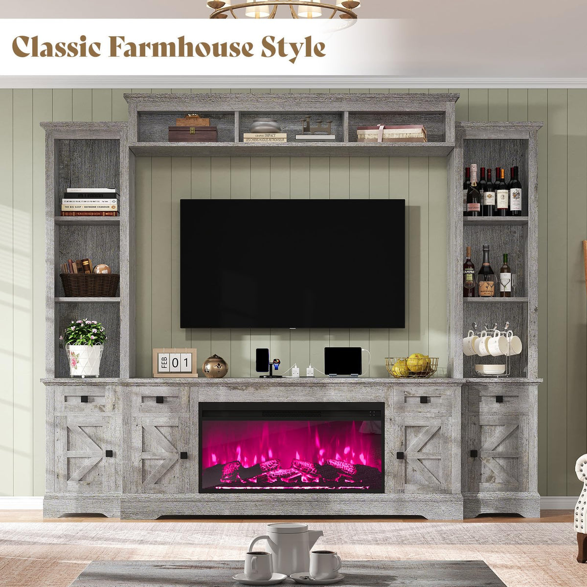 Silo Farmhouse Fireplace Entertainment Center Amerlife Grey