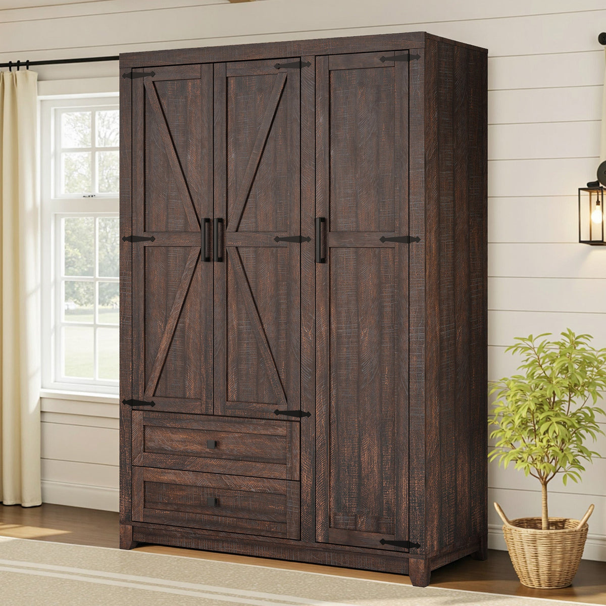 Barn 3 Door Farmhouse Wardrobe Closet-Brown