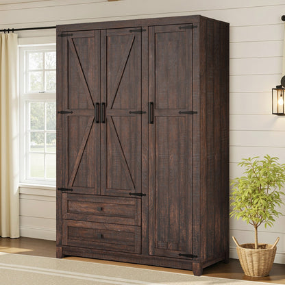 Barn 3 Door Farmhouse Wardrobe Closet-Brown