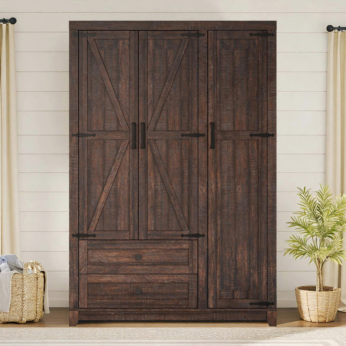 Barn 3 Door Farmhouse Wardrobe Closet-Brown