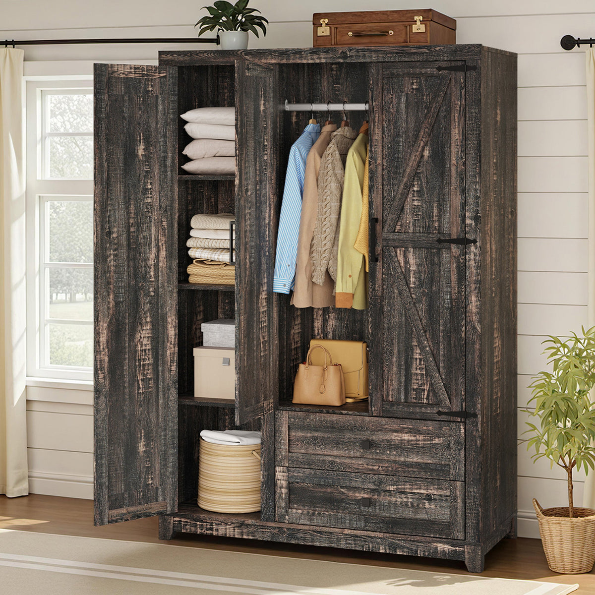 Barn 3 Door Farmhouse Wardrobe Closet-Dark Oak