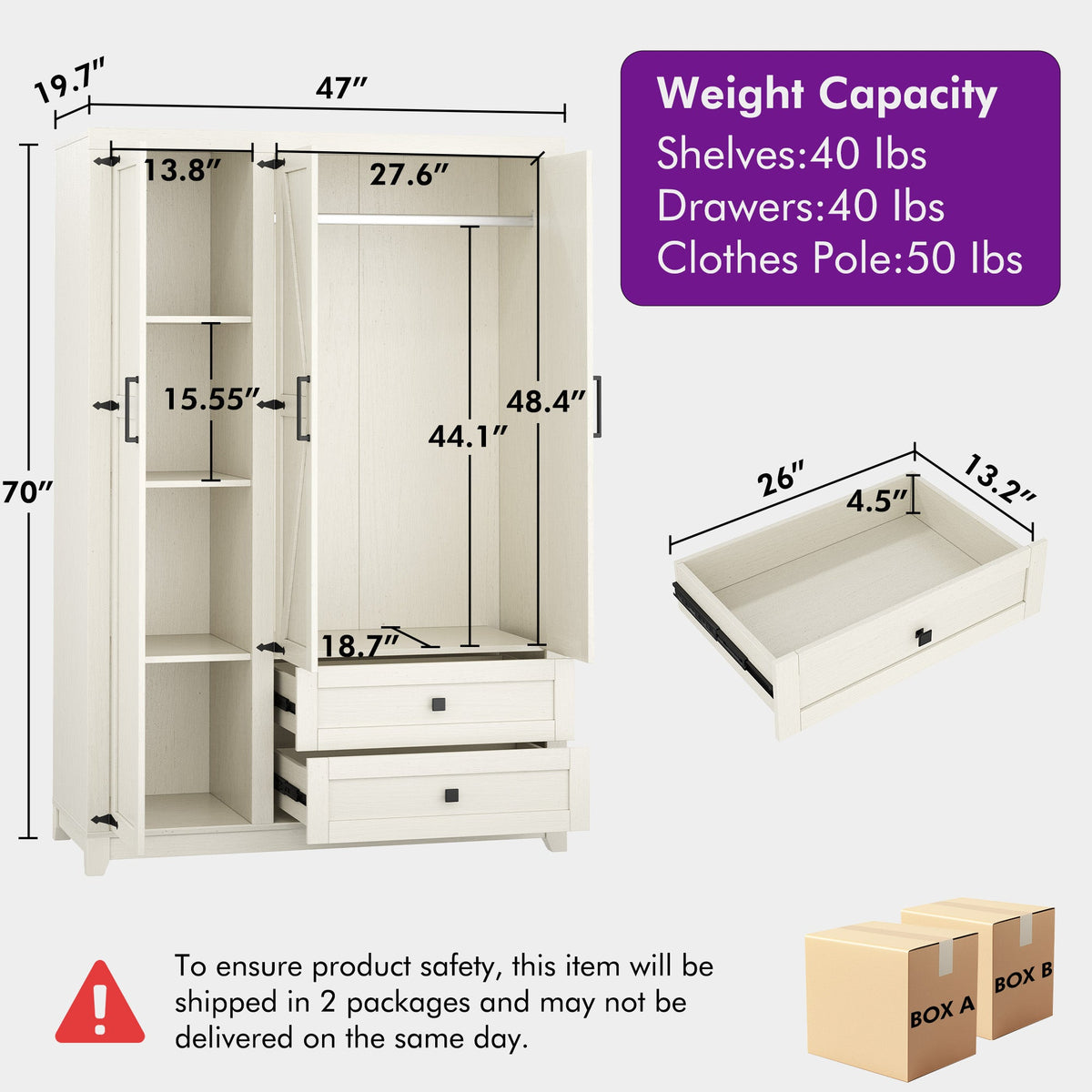 Barn 3 Door Farmhouse Wardrobe Closet-White