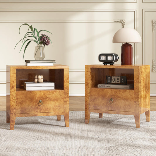 Burl Set of 2 Mid Century Modern Wood Nightstand with Drawer-Yellow