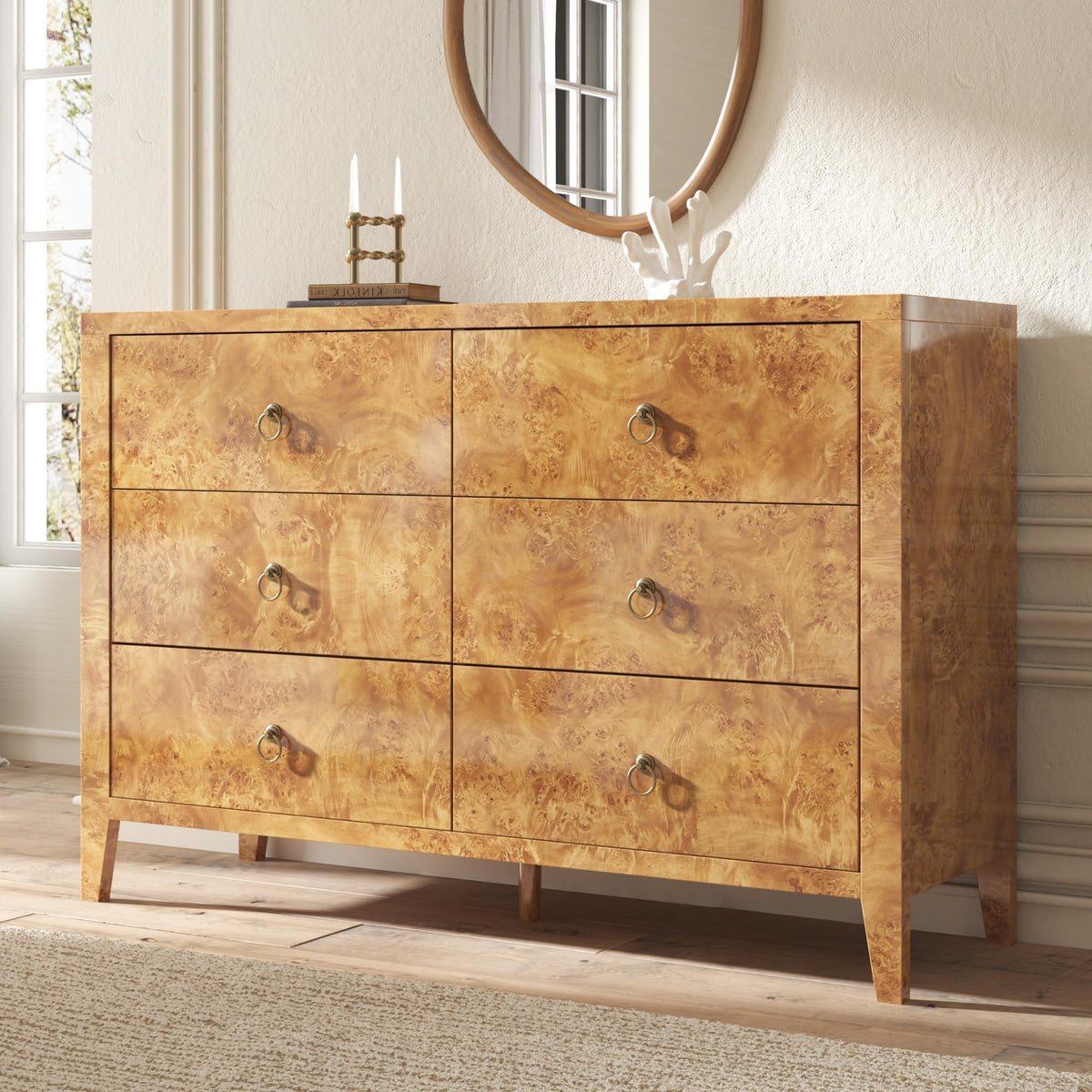 Burl Mid Century 6-Drawer Wood Dresser-YELLOW