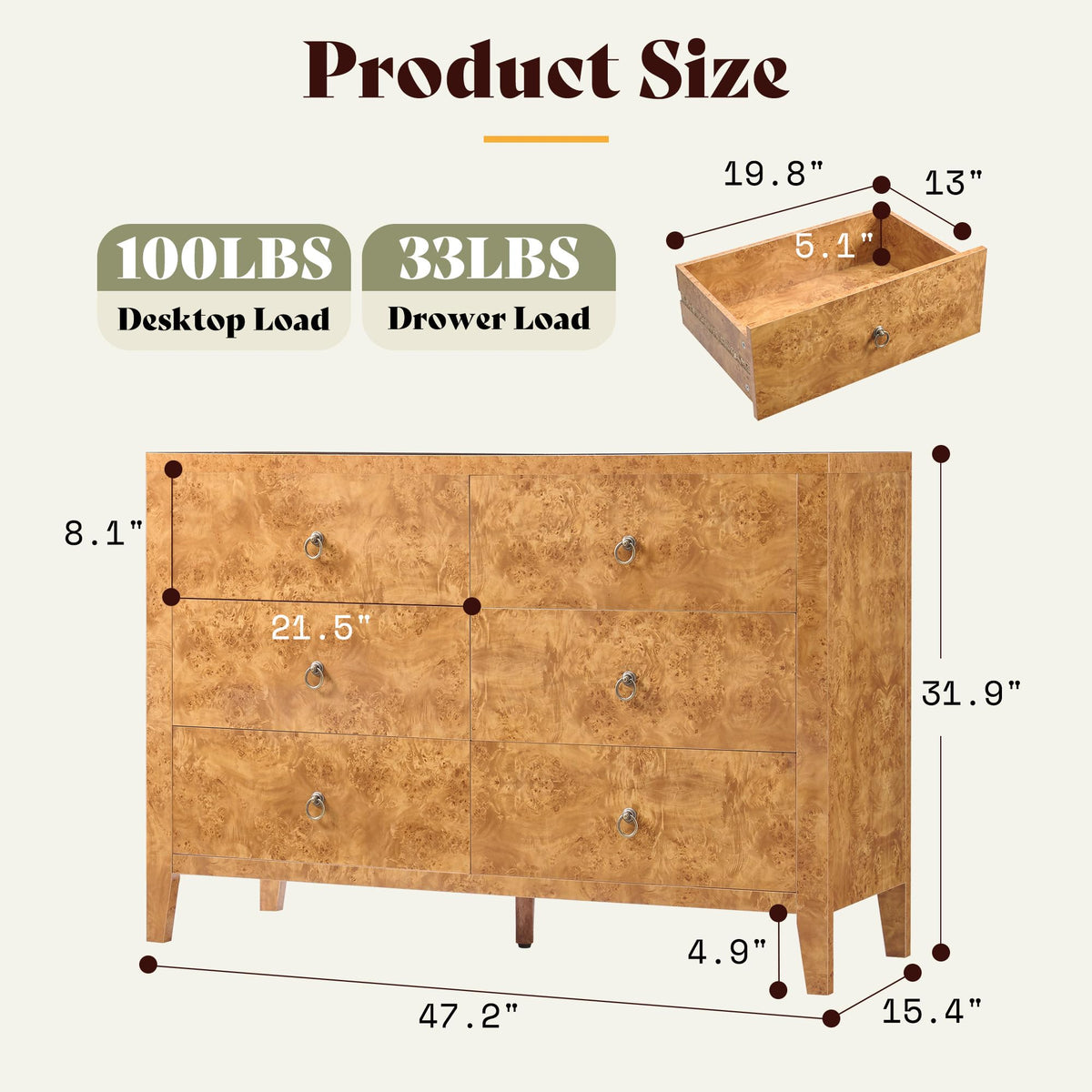 Burl Mid Century 6-Drawer Wood Dresser-YELLOW