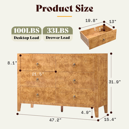 Burl Mid Century 6-Drawer Wood Dresser-YELLOW