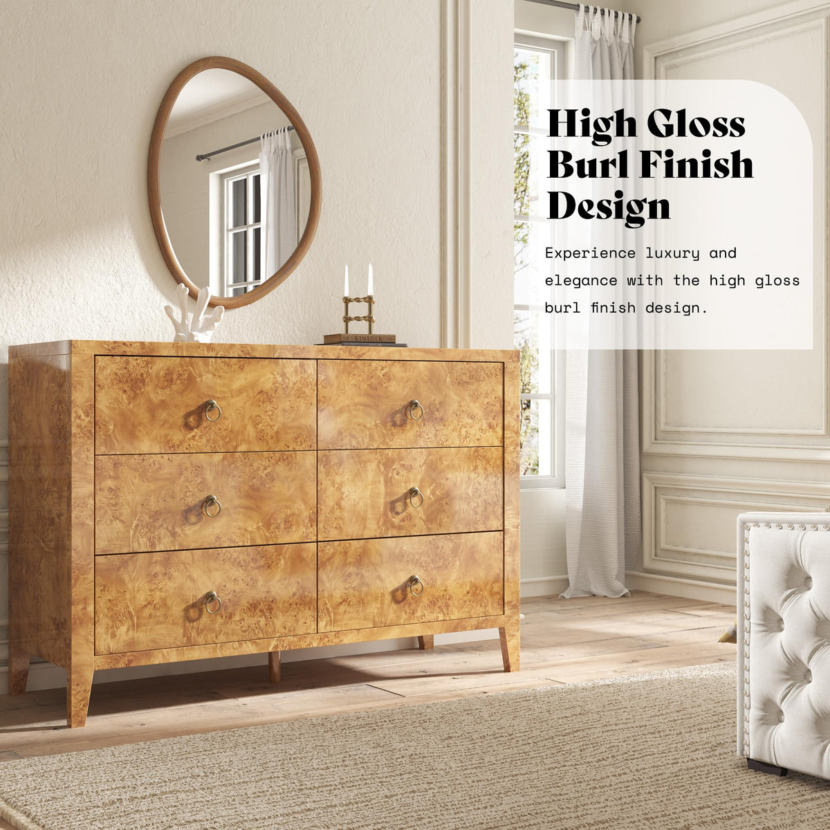 Burl Mid Century 6-Drawer Wood Dresser-YELLOW