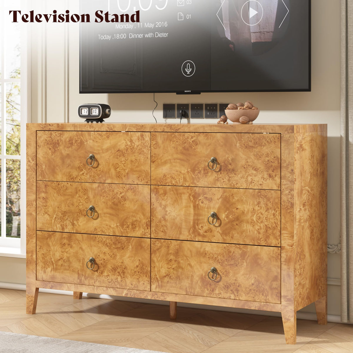 Burl Mid Century 6-Drawer Wood Dresser-YELLOW