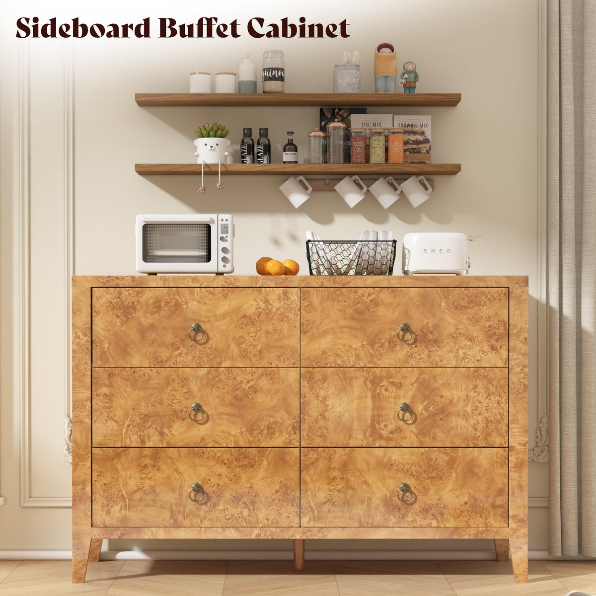 Burl Mid Century 6-Drawer Wood Dresser-YELLOW