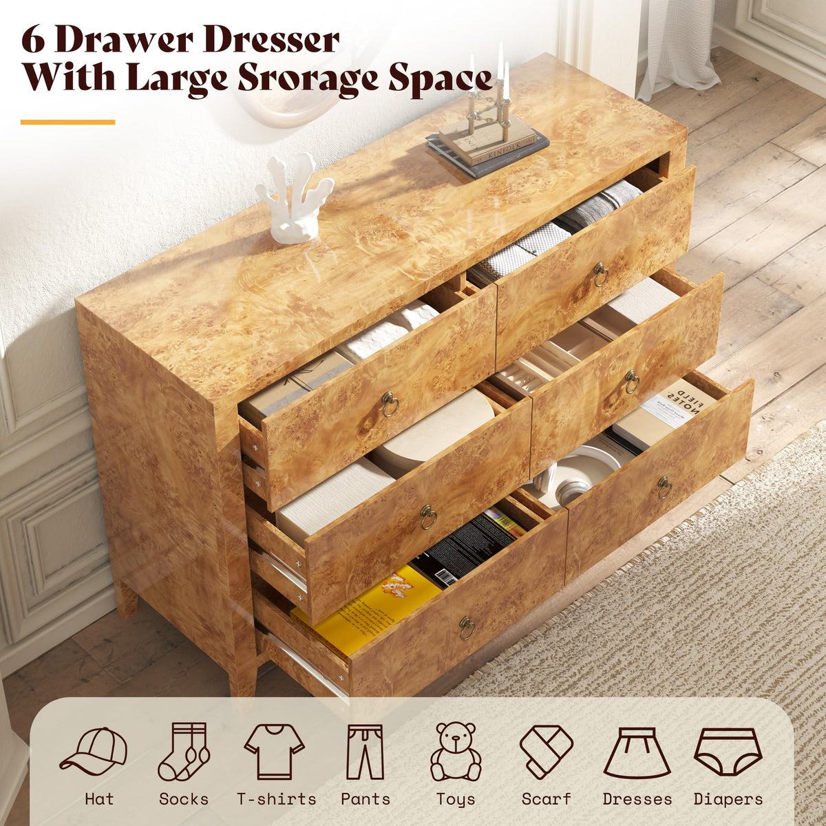Burl Mid Century 6-Drawer Wood Dresser-YELLOW