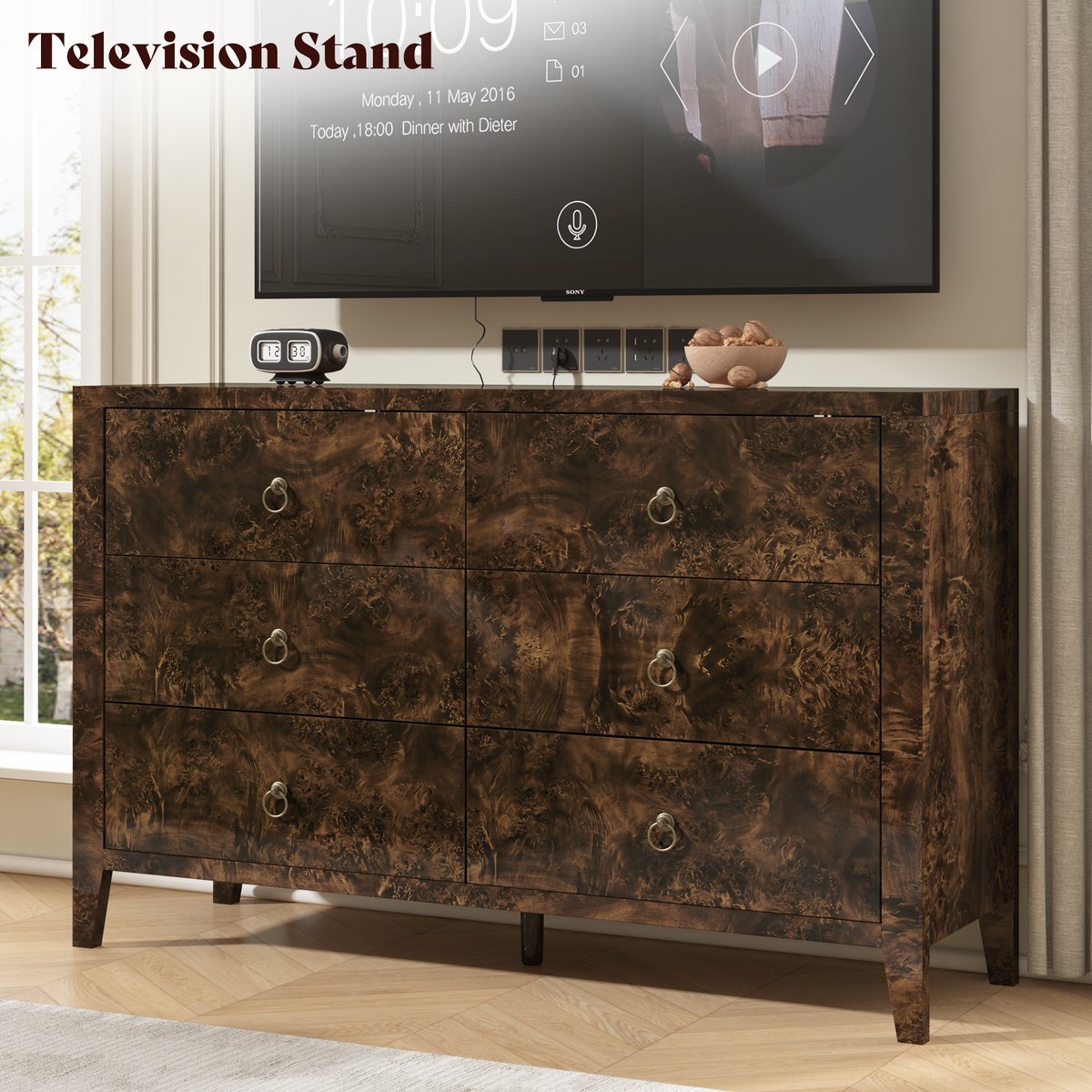 Burl Mid Century 6-Drawer Wood Dresser-BROWN