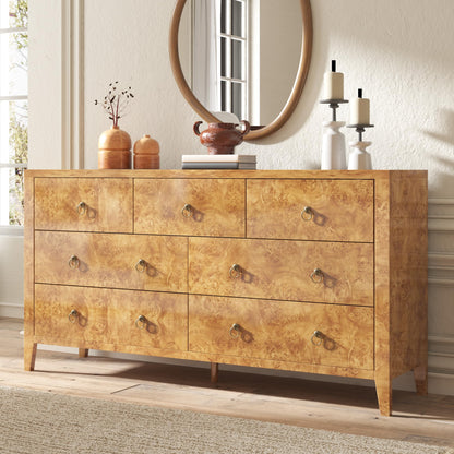 Burl Mid Century 7-Drawer Wood Dresser-Natural Wood