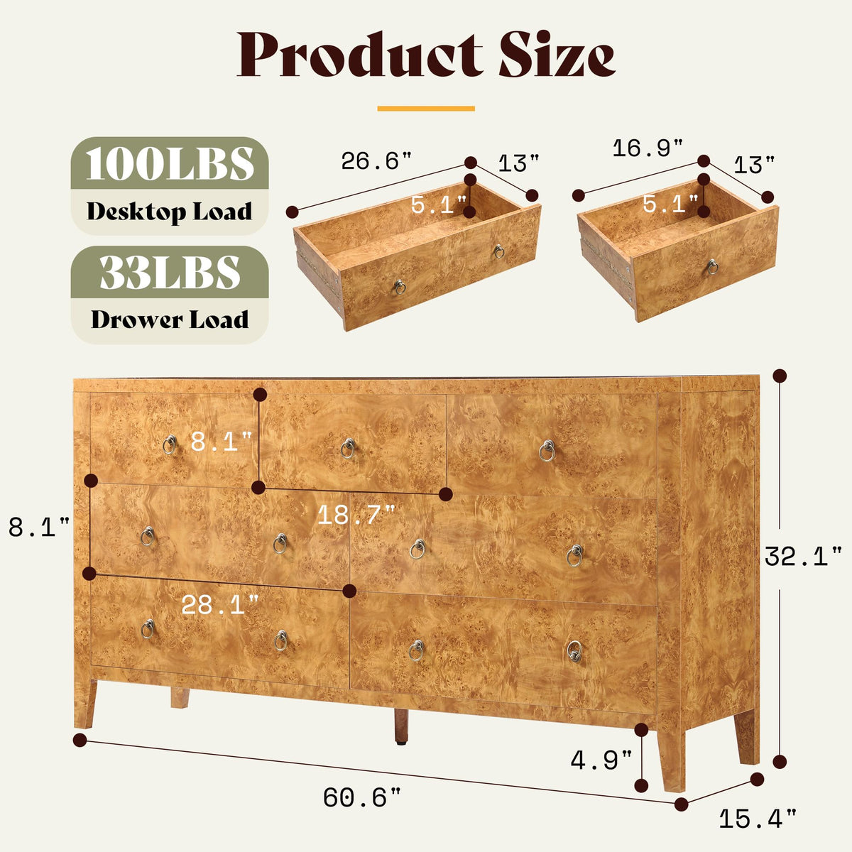 Burl Mid Century 7-Drawer Wood Dresser-Natural Wood