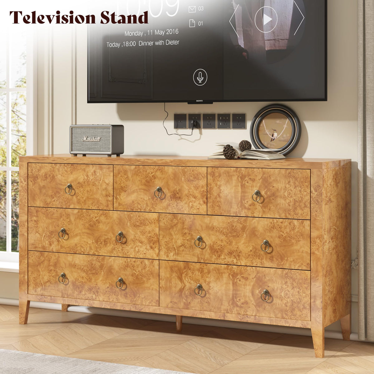 Burl Mid Century 7-Drawer Wood Dresser-Natural Wood