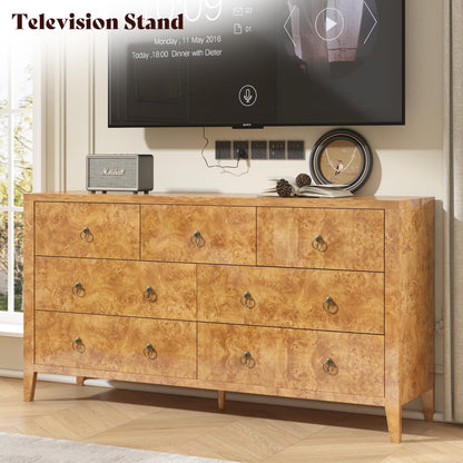 Burl Mid Century 7-Drawer Wood Dresser-Natural Wood