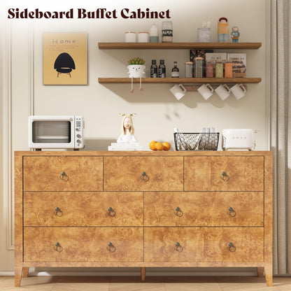 Burl Mid Century 7-Drawer Wood Dresser-Natural Wood