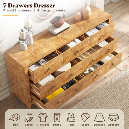Burl Mid Century 7-Drawer Wood Dresser-Natural Wood