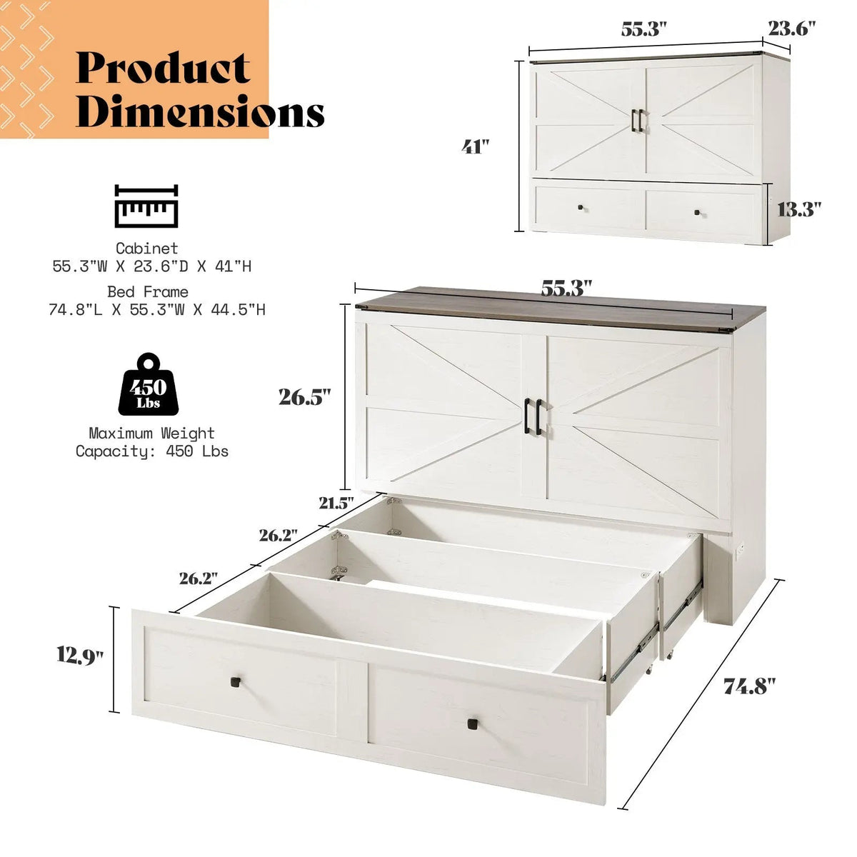 Colton Foldable Murphy Bed Amerlife Full / Rustic White