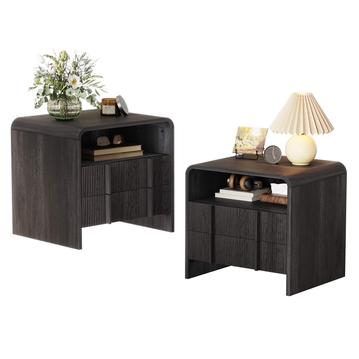 Fynora Fluted Nightstand with Drawers - Black2