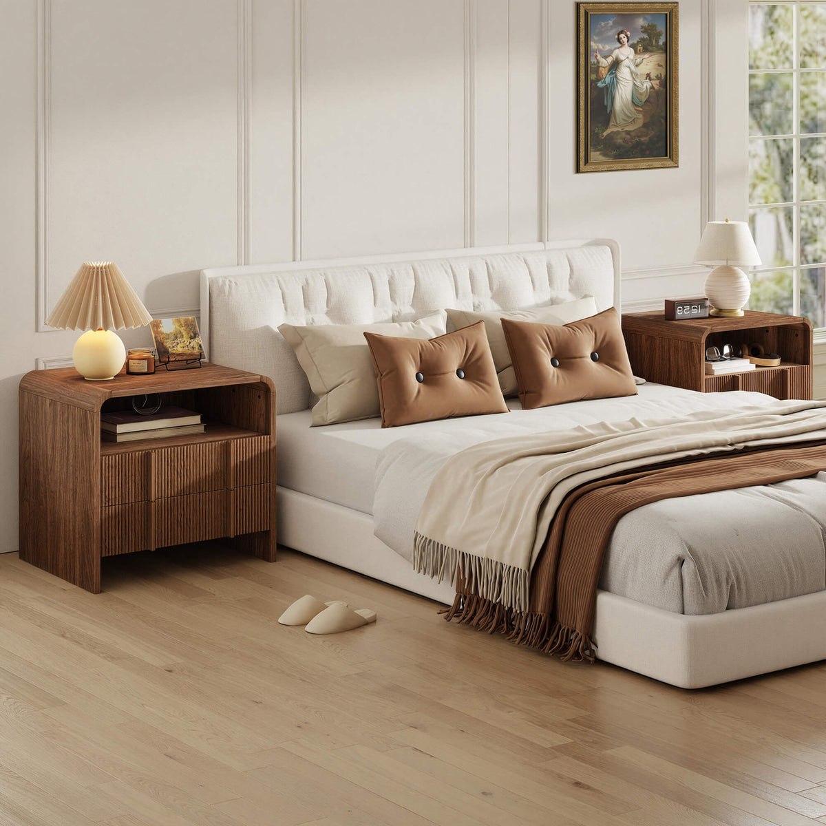 Fynora Fluted Nightstand with Drawers - Walnut