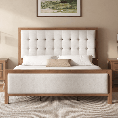 Heritage Mid-Century Solid Wood Upholstered Bed - K-WALNUT