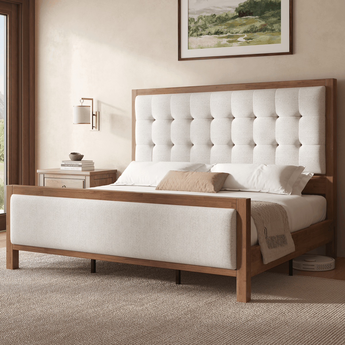 Heritage Mid-Century Solid Wood Upholstered Bed - K-WALNUT