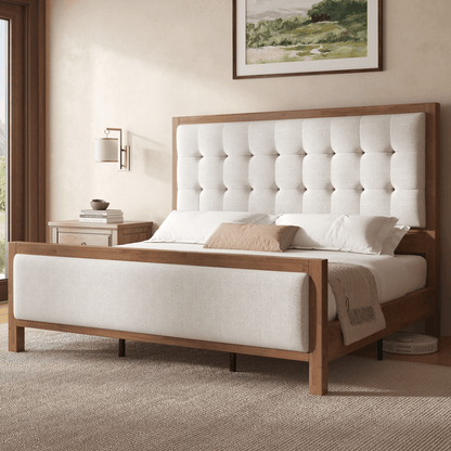 Heritage Mid-Century Solid Wood Upholstered Bed - K-WALNUT