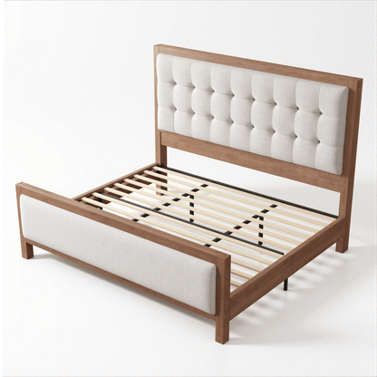 Heritage Mid-Century Solid Wood Upholstered Bed - K-WALNUT