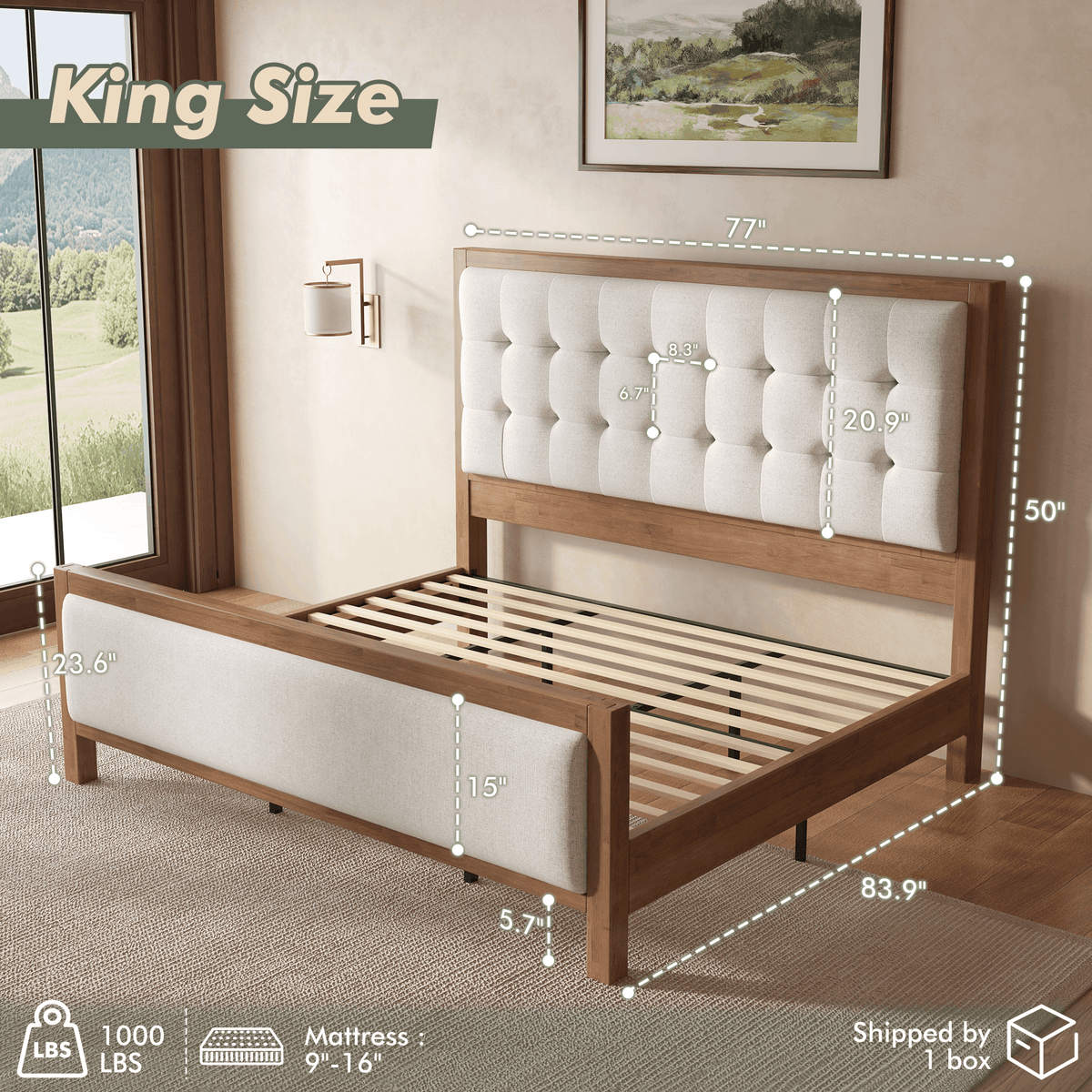 Heritage Mid-Century Solid Wood Upholstered Bed - K-WALNUT