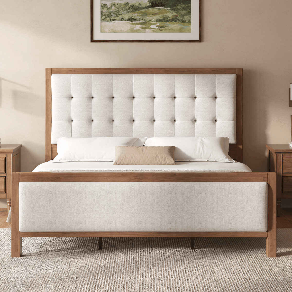 Heritage Mid-Century Solid Wood Upholstered Bed - Q-WALNUT