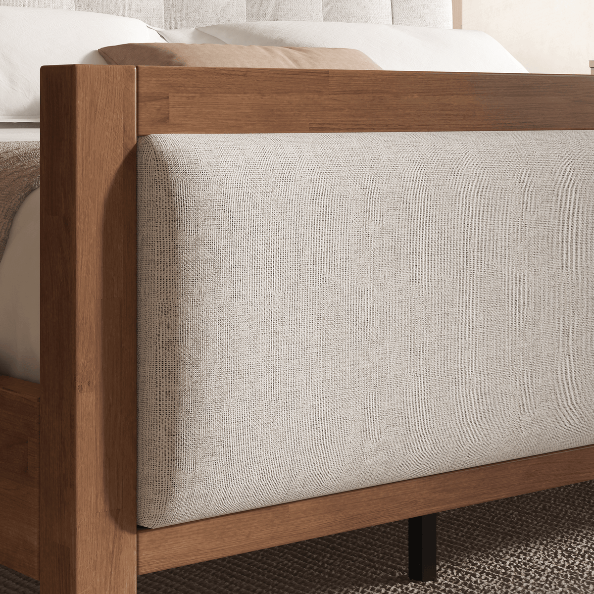 Heritage Mid-Century Solid Wood Upholstered Bed - Q-WALNUT