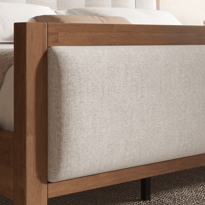Heritage Mid-Century Solid Wood Upholstered Bed - Q-WALNUT