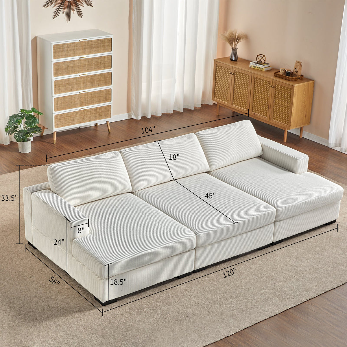 3-Piece Chaise Sofa / Corduroy White