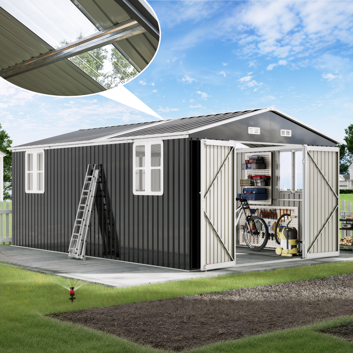 Outdoor Storage Shed with Transparent Panels 10x16x7 FT 