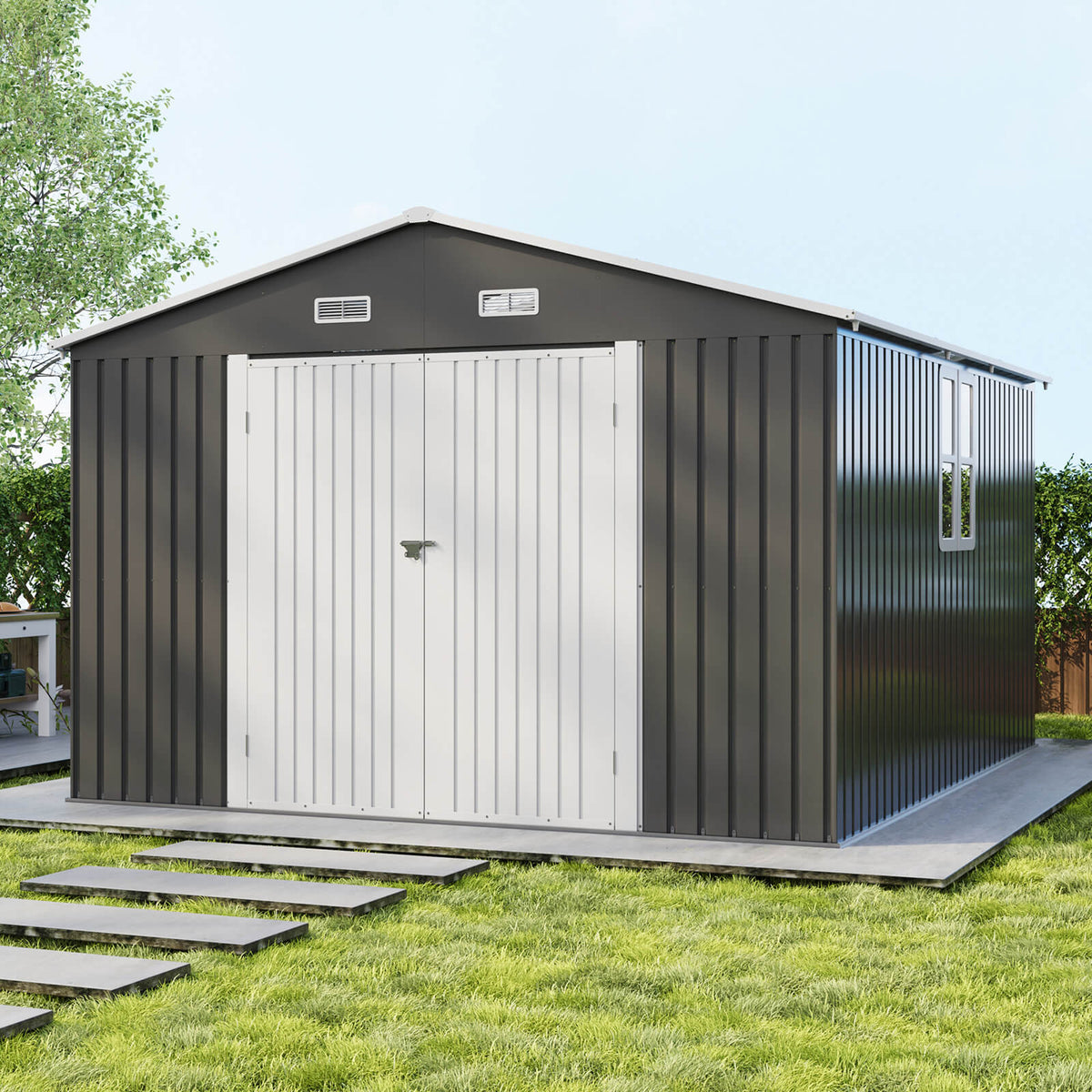 Outdoor Storage Shed with Transparent Panels 10x12x7 FT