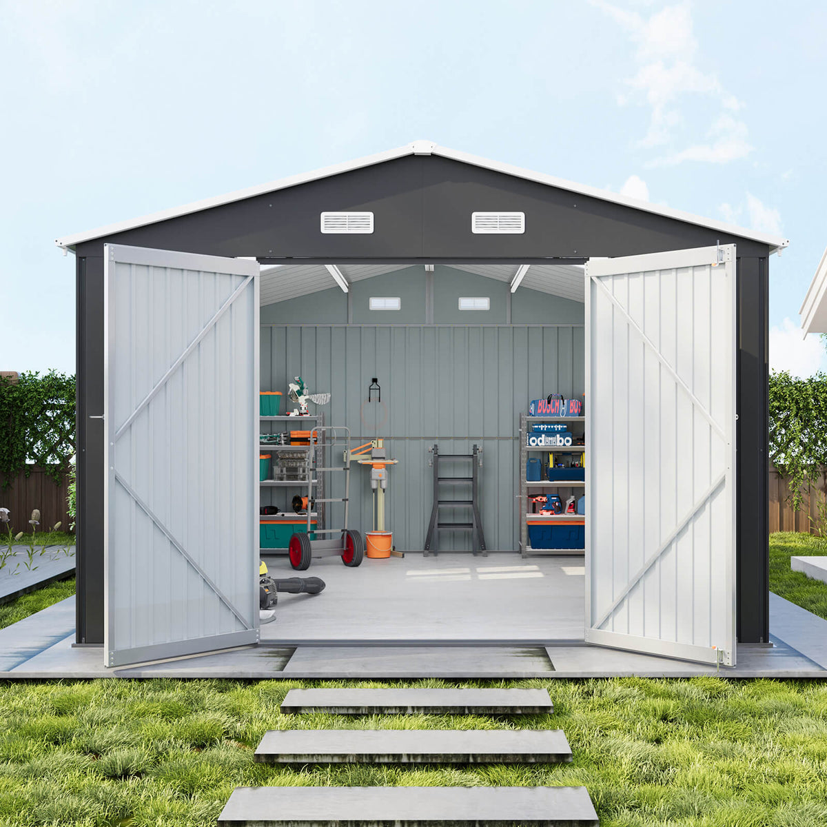 Outdoor Storage Shed with Transparent Panels 10x12x7 FT