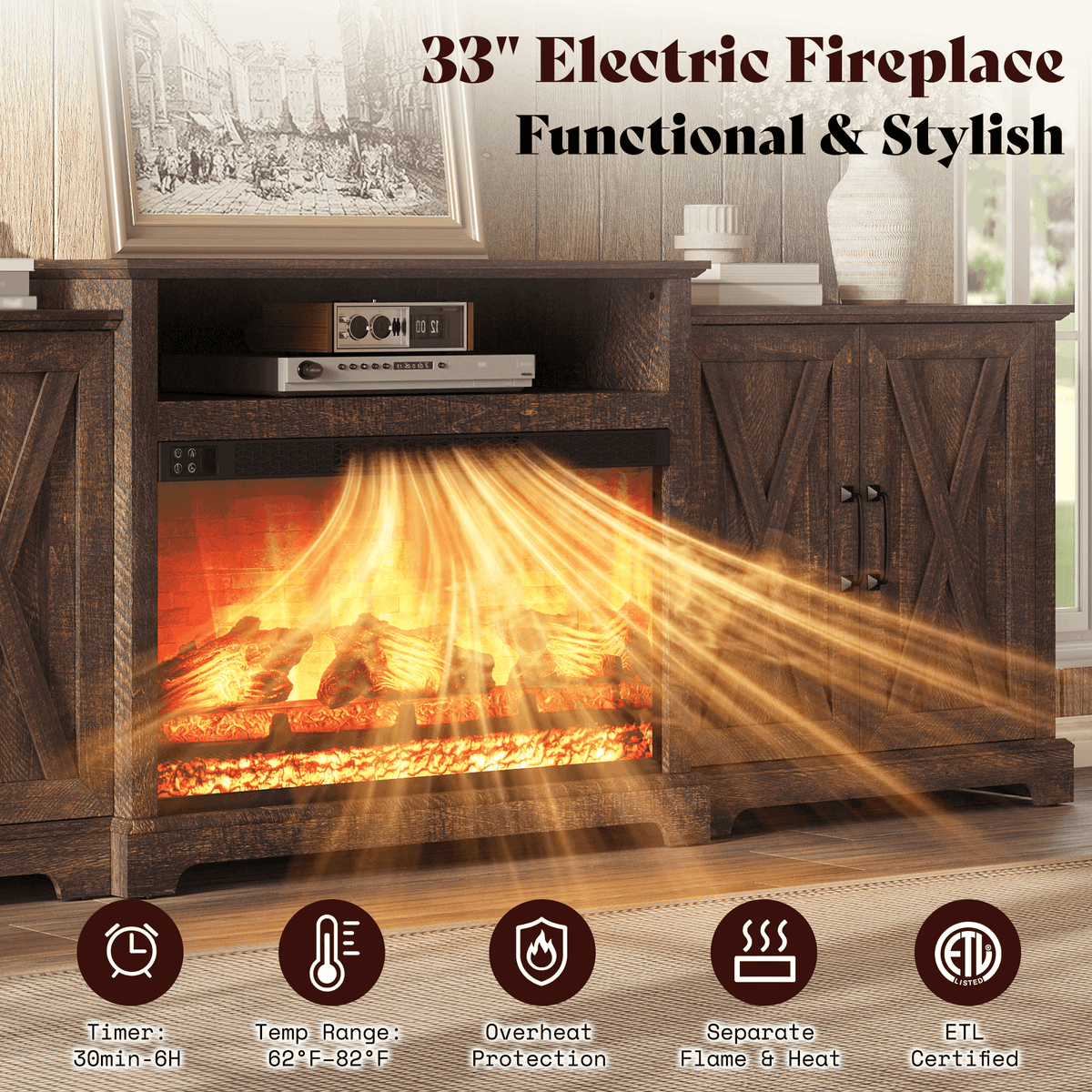 Vista Extra-Wide Fireplace TV Stand Amerlife 97" / Rustic Brown